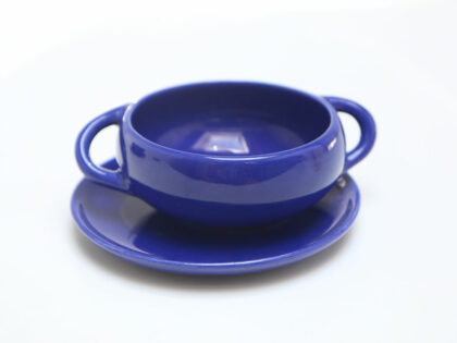 blauwe vintage soepkom met oren