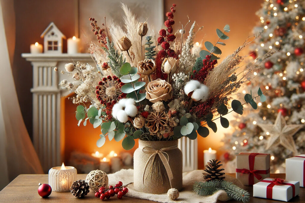 Kerstboeket maken met droog bloemen