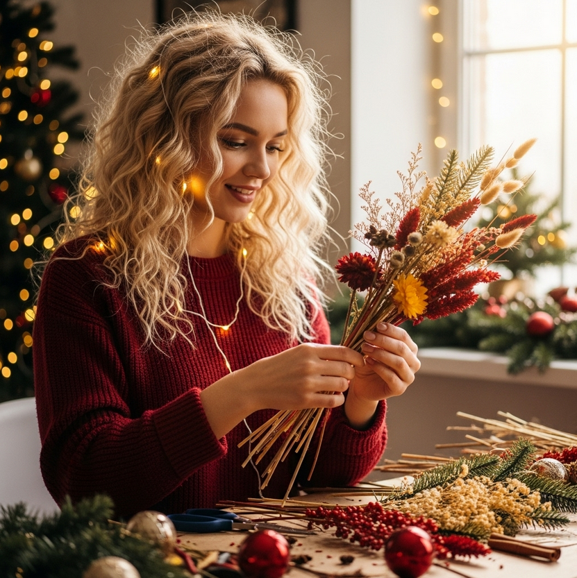 kerstboeket maken met gedroogde bloemen