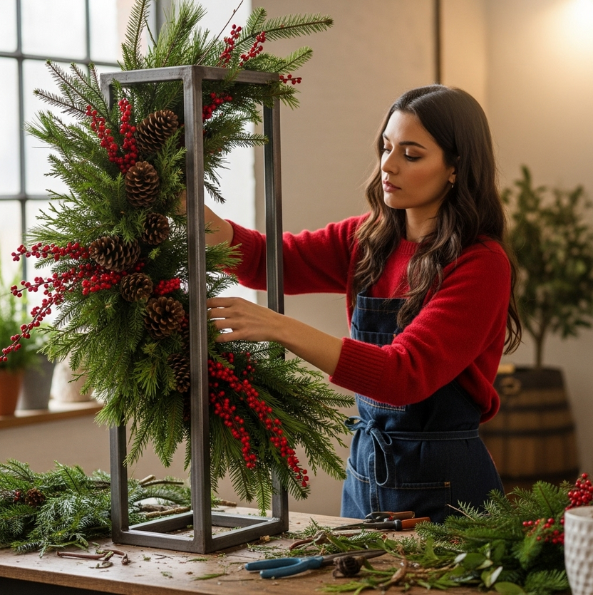 kerststuk maken op stalen frame