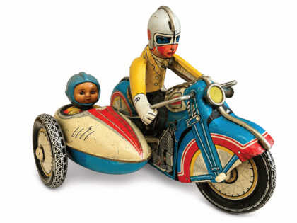 Vintage blikken motor met zijspan