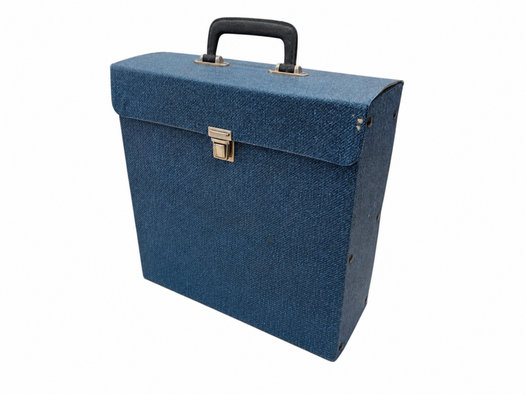 Vintage blauwe platenkoffer
